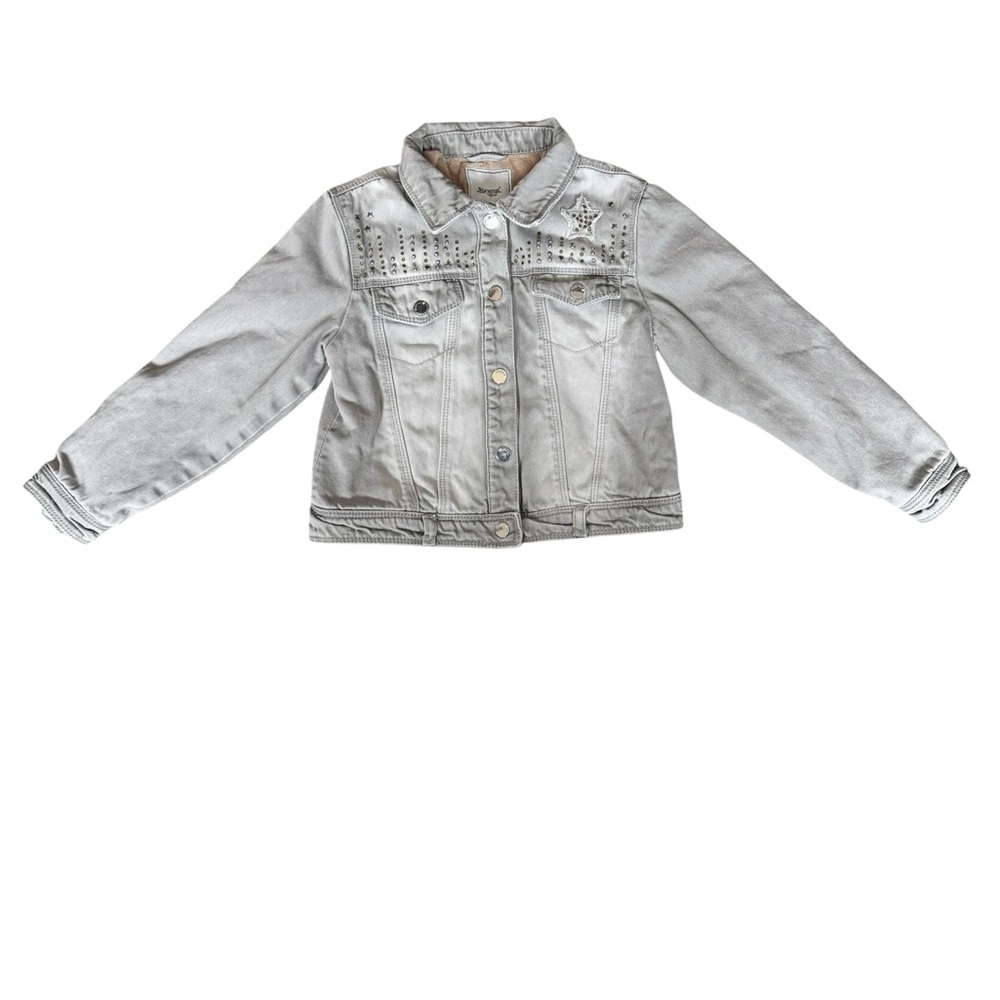 Mayoral Girl Studded Star Denim Jacket Faux Fur Lined Gray Size 7 Boho Western